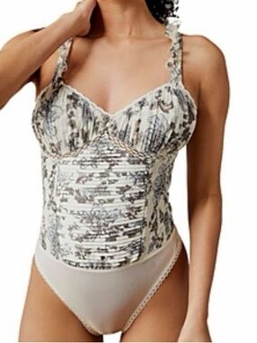 Free People Cream & Gray Floral Smocked One-Piece Sz L